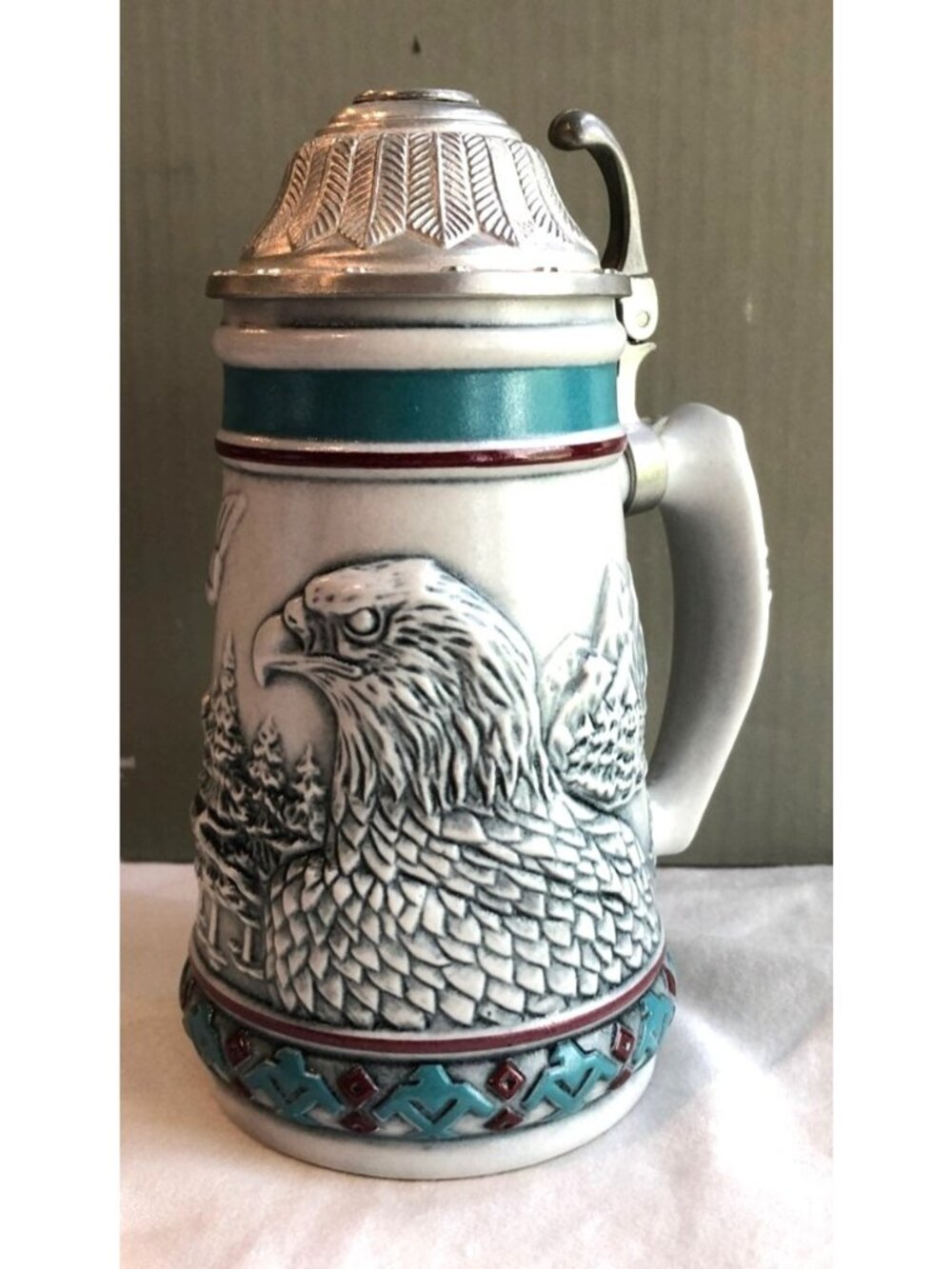 Ceramic Beer Stein with Embossed Eagle & Mountain Scene Pewter Lid Brazil